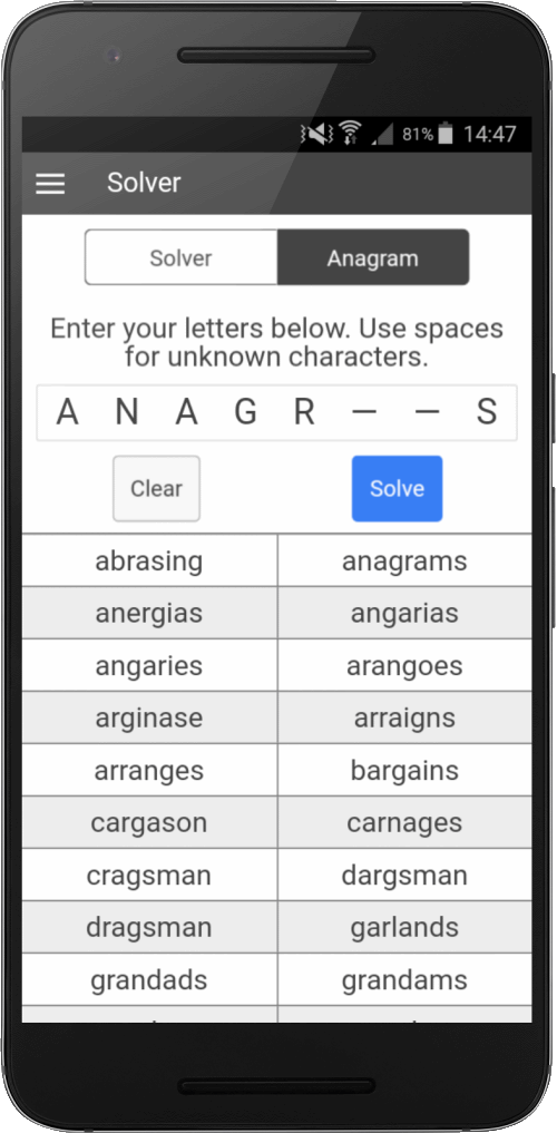 Anagram solver mode with missing words